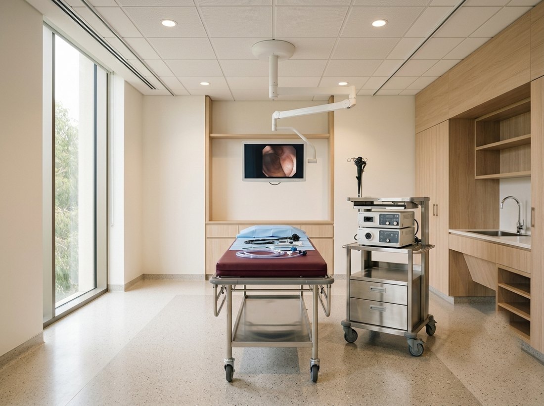 Endoscopy procedure room with imaging tower, ceiling-mounted monitor and procedure trolley