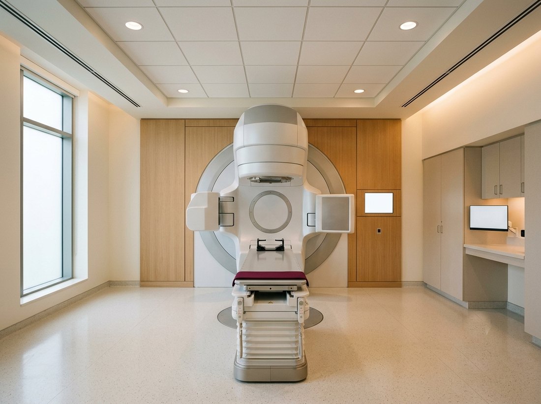 Radiation oncology treatment room with a linear accelerator and patient couch