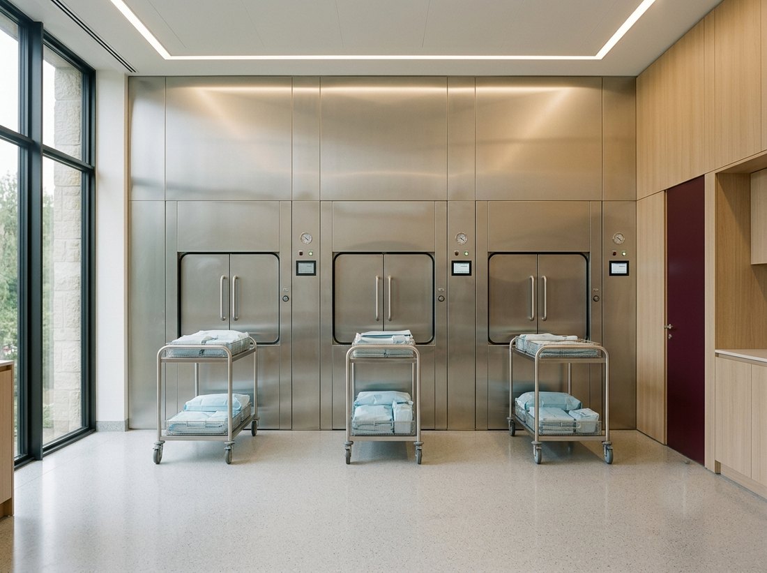 Sterile services department with double-door steam sterilisers and loading trolleys