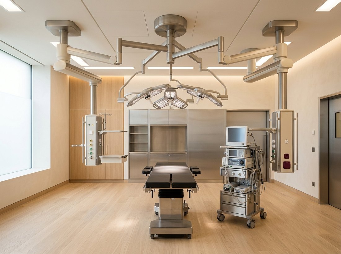 Operating theatre with surgical light dome, ceiling pendants and operating table