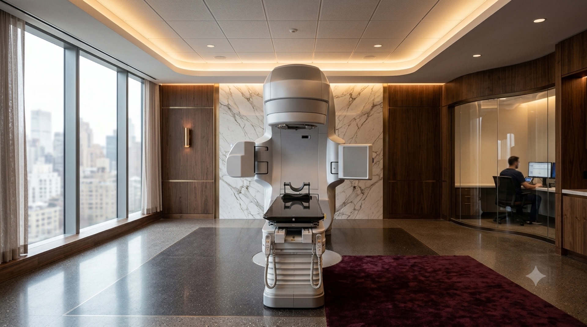 Visualisation of a fully fitted radiotherapy suite with the linear accelerator, treatment couch and adjoining control room