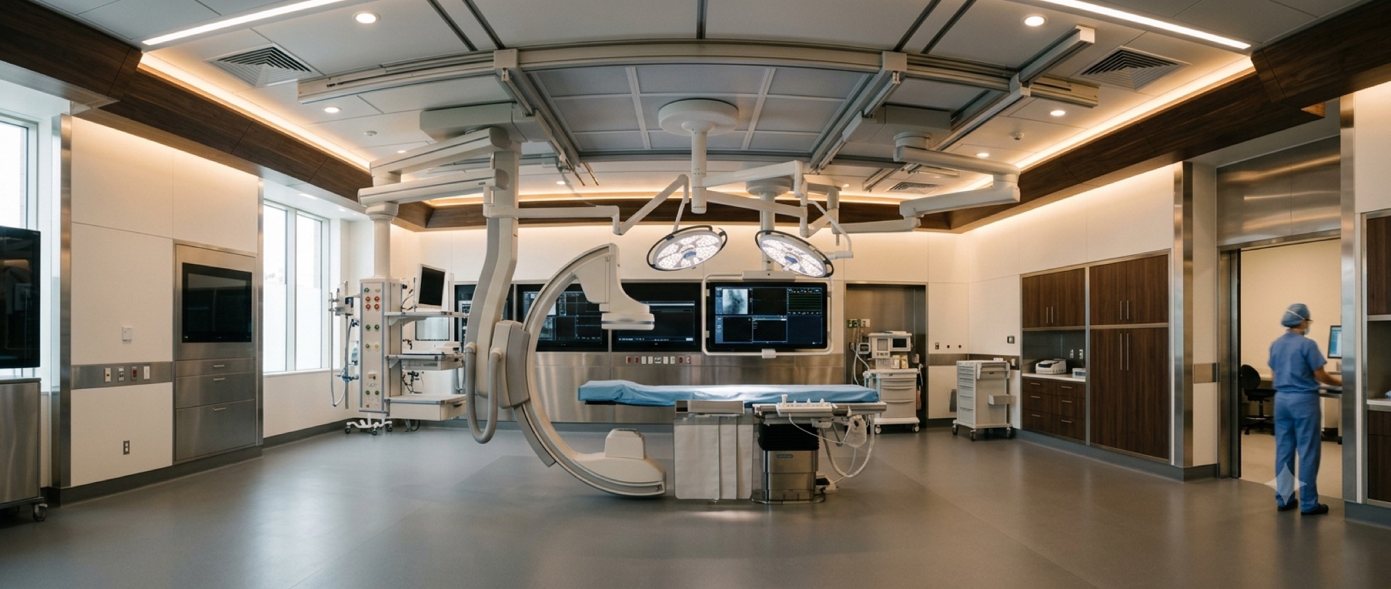 Visualisation of a hybrid operating theatre: ceiling pendants, surgical light domes, imaging arm and operating table